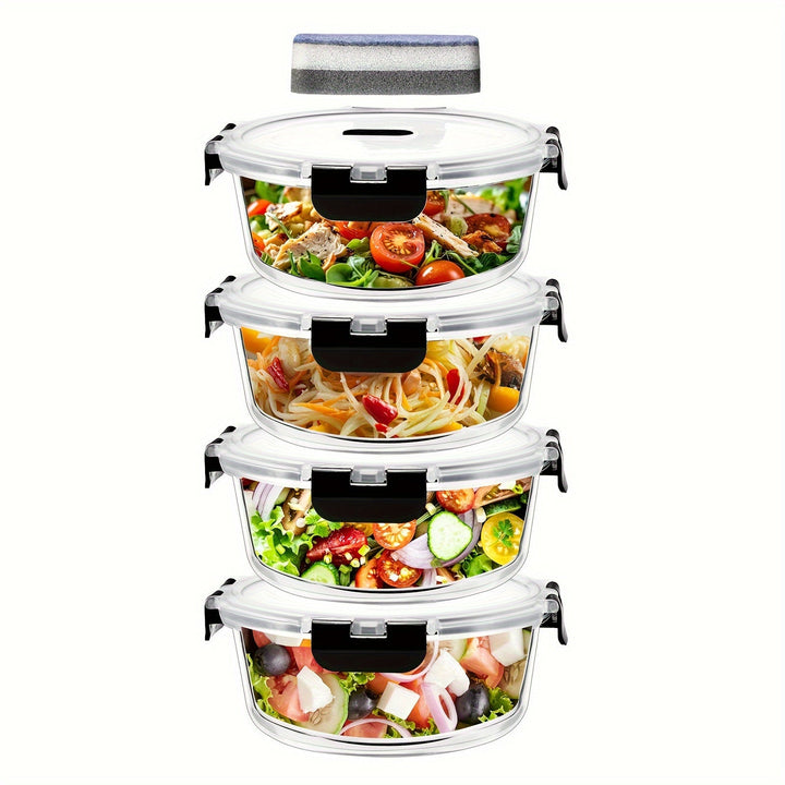 Juego de 2/4/6/8 recipientes de vidrio con tapa, versátiles de 950 ml para almacenar comida + 1 esponja de limpieza, con cierre hermético en todos los lados, contenedores de alimentos perfectos para chefs y amantes de la cocina