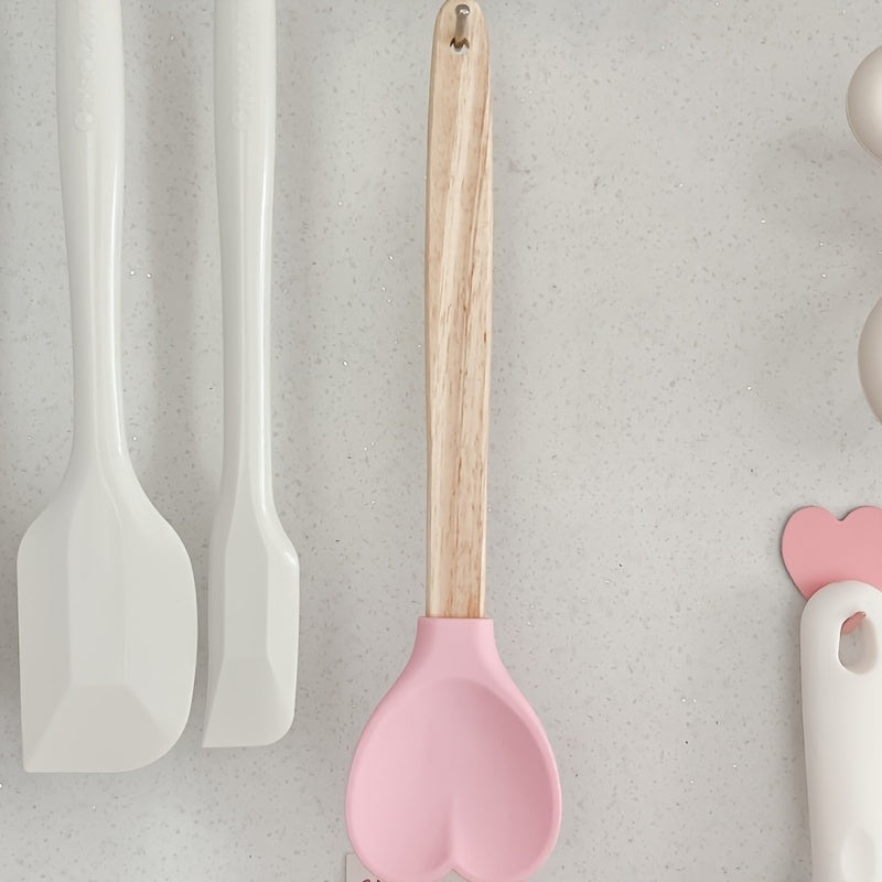 1pc Espátula de silicona en forma de corazón con mangos de madera - Resistente al calor, ideal para cocinar, hornear, mezclar - Perfecto utensilio de cocina para repostería y remover
