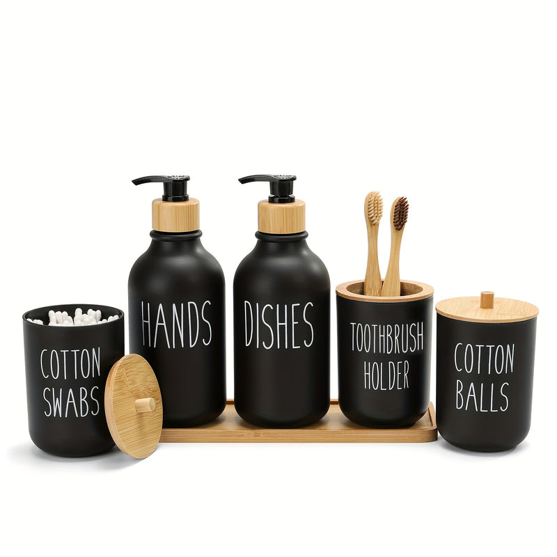 Juego de Accesorios para Baño, Juegos de Accesorios de Plástico para Baño de 6 piezas con Bandeja de Tocador, Dispensador de Jabón, Portacepillos de Dientes, Porta Cepillitos y Bolas con Tapas de Bambú, Estilo Bohemio, Decoración Moderna para el Baño