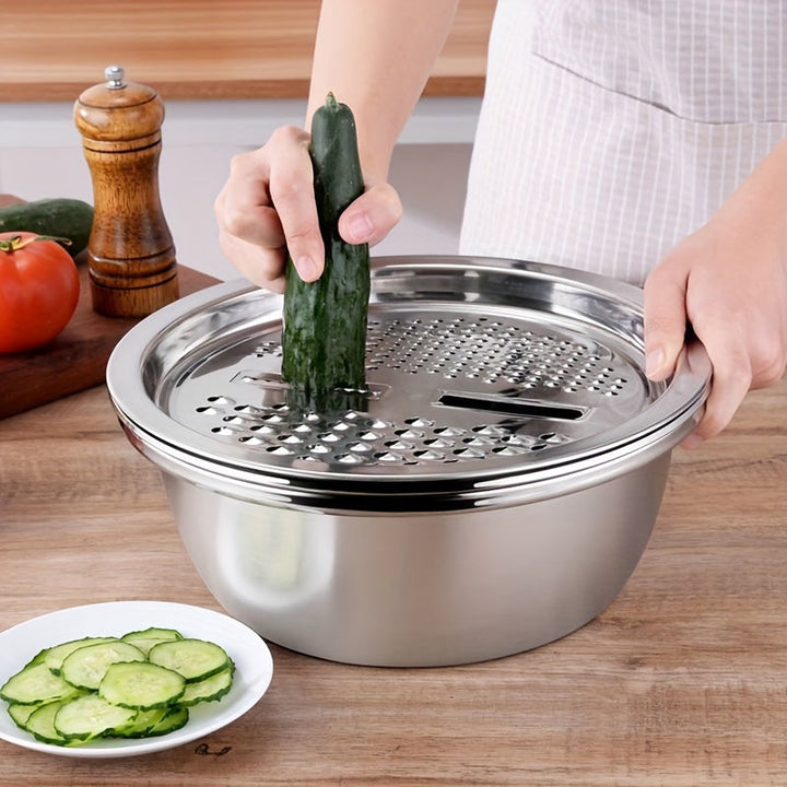 Juego de 3 piezas, plato desbloqueable triturador/rebanador/bol multifuncional con filtro - ideal para limpiar y cortar frutas y verduras, perfecto para la revolución de eficiencia en la cocina del hogar