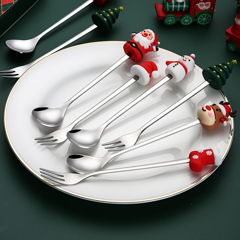 Juego de 4 Cucharas de Café Navideñas - Acero Inoxidable, Diseños de Santa y Reno para Cenas Festivas