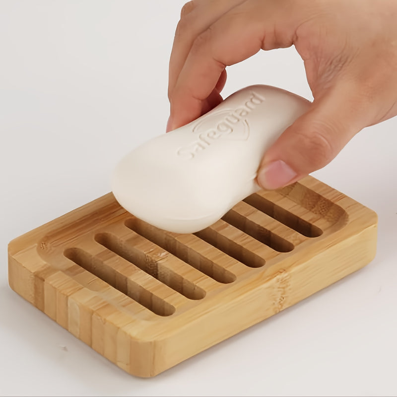 Jabonera de Bambú de Alta Calidad con Bandeja de Drenaje Automático - Soporte de Jabón de Madera Rectangular para Ducha, Baño y Cocina - Color Natural