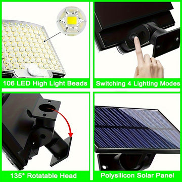 1pc Luz de Movimiento Exterior con Energía Solar y 106 LED con Ángulo Amplio de 135° para Iluminación desde el Anochecer hasta el Amanecer en Jardín y Garaje - Resistente al Clima, Control Remoto, Acabado Metálico Pulido, , Iluminación de Garaje | Luz Mo