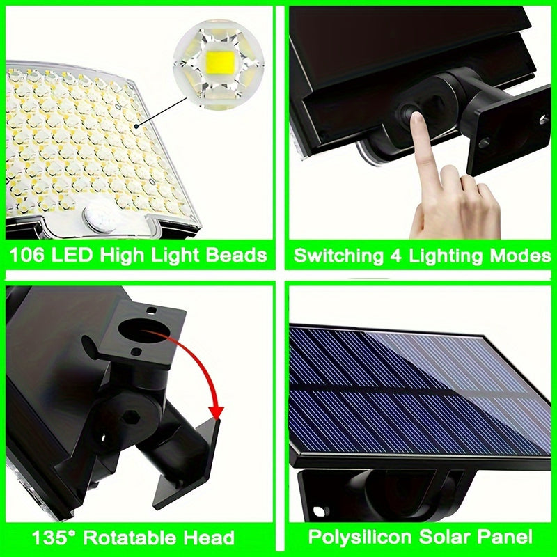 1pc Luz de Movimiento Exterior con Energía Solar y 106 LED con Ángulo Amplio de 135° para Iluminación desde el Anochecer hasta el Amanecer en Jardín y Garaje - Resistente al Clima, Control Remoto, Acabado Metálico Pulido, , Iluminación de Garaje | Luz Mo