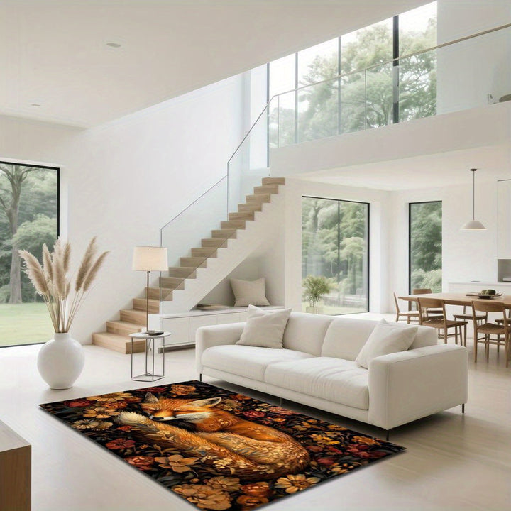 1pc Alfombra de Terciopelo con Diseño de Zorro en Cama de Flores, Ideal para Cocina, Dormitorio, Sala, Estudio y Entradas, Fondo Antideslizante, Lavable a Máquina