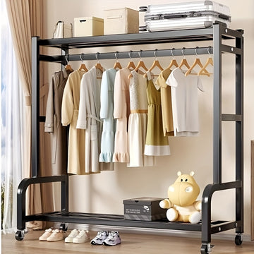 Perchero de Metal de Doble Barra con Cesta de Almacenamiento, Estantes y Ganchos - Organizador Portátil de Ropa, Fácil Montaje, Altura Ajustable, Diseño Ahorrador de Espacio para Dormitorio, Armario, Sala, Secado de Ropa