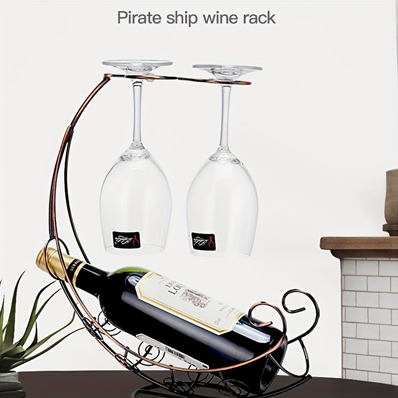 Elegante Soporte de Vino de Barco Pirata con Portavasos – Soporte Decorativo de Metal para Vino Tinto, Champán y Licores, Perfecto para Barra de Casa o Exhibición de Fiesta, Accesorios Piratas