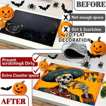 1pc Decoración de Estufa para Halloween - Esqueleto Mexicano, Revestimiento Antideslizante de Goma, Cubierta Plana Fácil de Instalar para Cocinas Eléctricas/Gas - Protector de Electrodomésticos y Decoración Festiva, Pieza Duradera en 2D