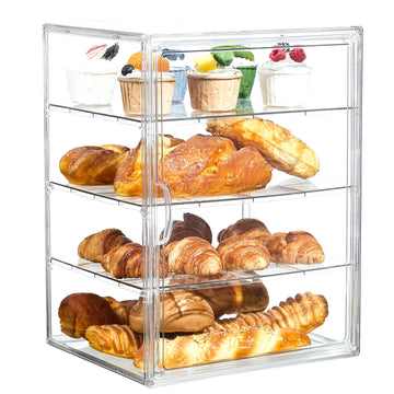 Caja de pan ajustable de 4 niveles - Contenedor de almacenamiento transparente de PET con puerta magnética, exhibidor de cocina hermético para pan, muffins, bagels y pasteles, soporte de pan de encimera | Diseño transparente | Hermético al mar