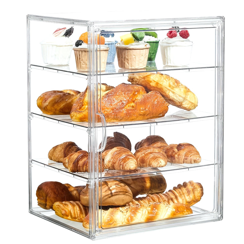 Caja de pan ajustable de 4 niveles - Contenedor de almacenamiento transparente de PET con puerta magnética, exhibidor de cocina hermético para pan, muffins, bagels y pasteles, soporte de pan de encimera | Diseño transparente | Hermético al mar
