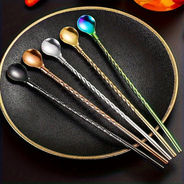 5 piezas de cucharas de té helado y cóctel de acero inoxidable de doble función - Colores de gradiente elegantes, utensilios de cocina y comedor duraderos para el hogar, la oficina y el restaurante, perfectos para reuniones familiares, esenciales para la