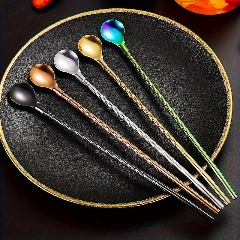 5 piezas de cucharas de té helado y cóctel de acero inoxidable de doble función - Colores de gradiente elegantes, utensilios de cocina y comedor duraderos para el hogar, la oficina y el restaurante, perfectos para reuniones familiares, esenciales para la