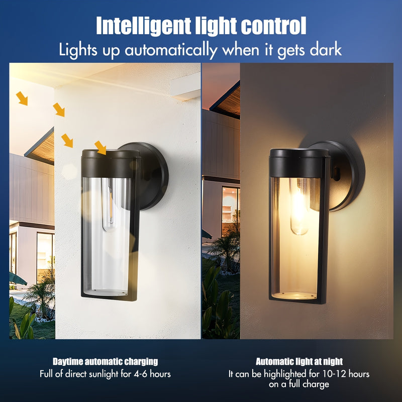 2 piezas de luces solares al aire libre LED con luz blanca/caliente, luces solares de pared, luces solares de pared impermeables para jardín, patio, patio, baranda (paquetes de 2 negros)