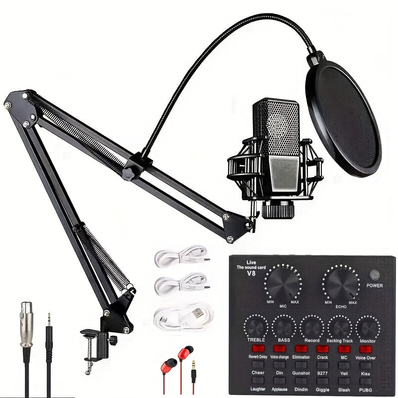 Kit de Podcast con Tarjeta de Sonido V8 y Micrófono LCT240 Cableado, Adecuado para Streaming, Juegos y Karaoke