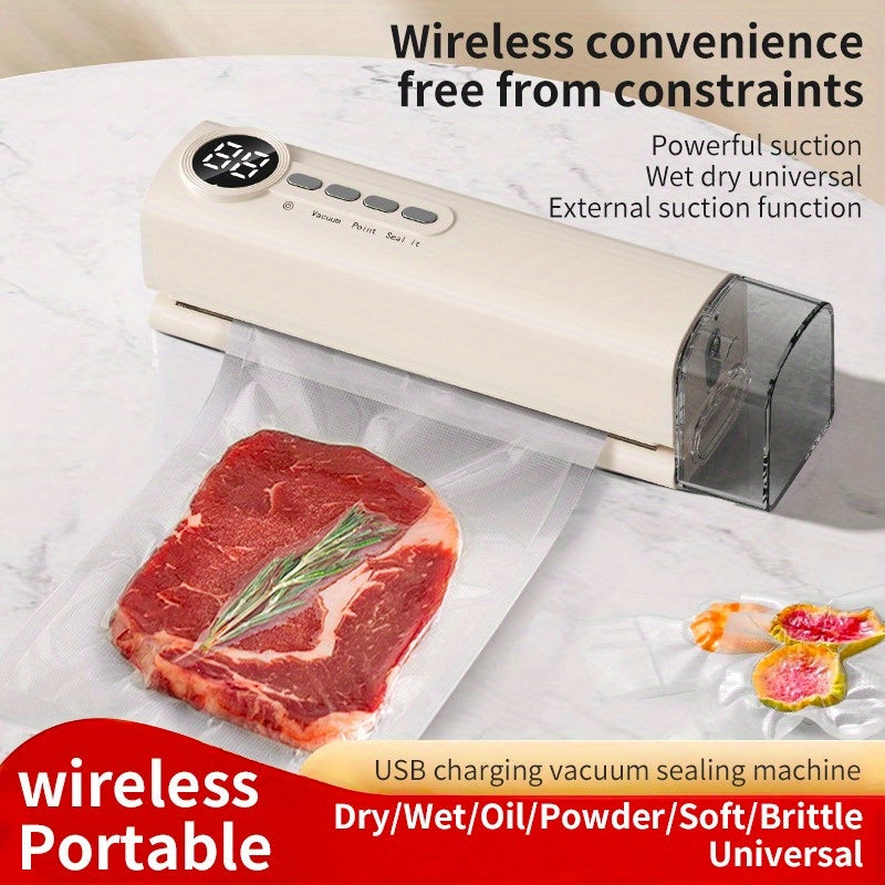 Selladora al Vacío Portátil USB con Sistema de Sellado para Snacks - Batería 1200mAh, Control Remoto sin varillas y Modos Seco/Húmedo para Sous Vide, Carnes Frías, Almacenamiento de Alimentos - Máquina Compacta para Cocina y Picnics al Aire Libre, Sellad