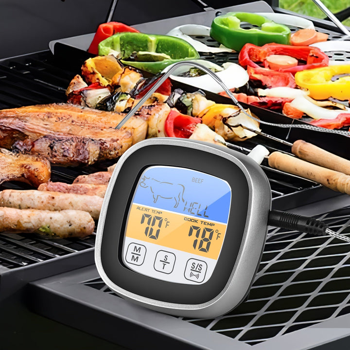 Termómetro digital HOTU con pantalla táctil, probeta de acero inoxidable y temporizador de reloj - Ideal para cocina, cocción, horneado, líquidos, dulces, parrillas, hornos - Material ABS, funcionamiento con batería, termómetro para cocción