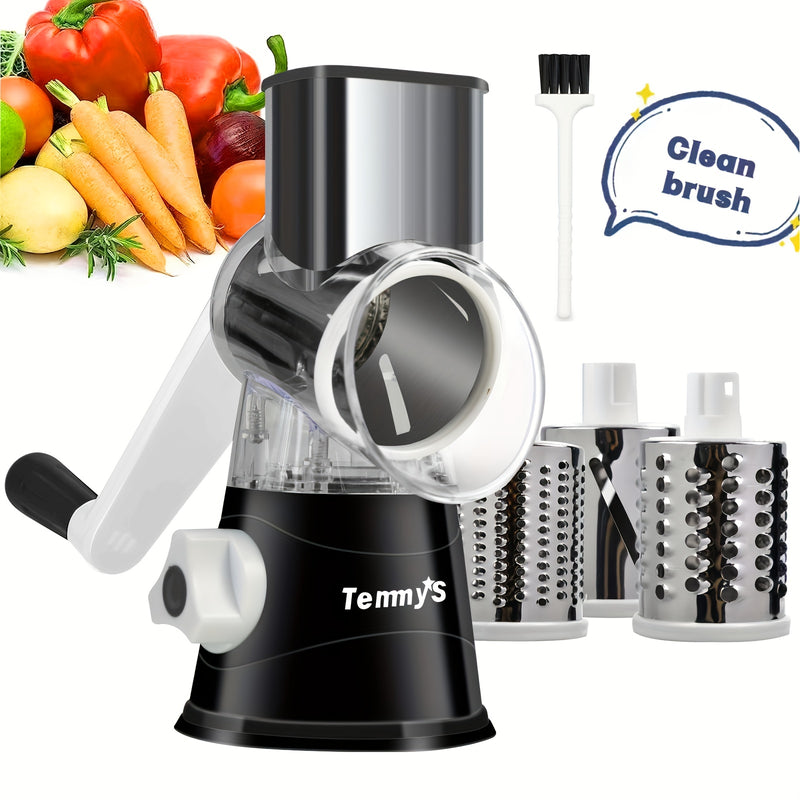 Rallador Rotativo para Queso y Cortador de Verduras - Mandolina de Cocina con 3 Cuchillas Intercambiables, Fácil de Limpiar para Frutas, Patatas, Zanahorias, Nueces