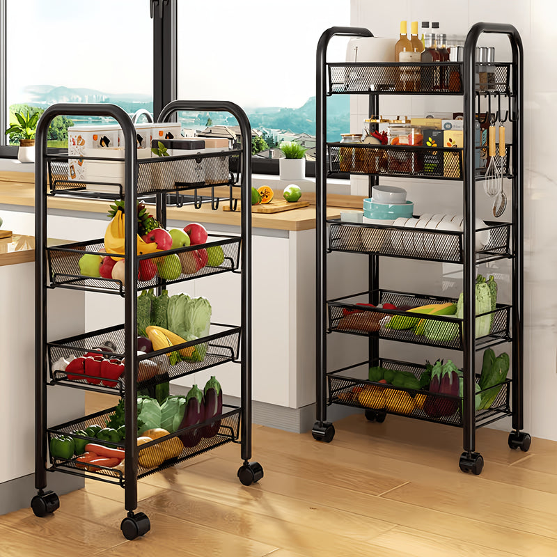 Carrito Multifuncional de Malla con Ruedas, 3-4 Capas Opcionales, Carrito de Almacenamiento de Cocina Metálico, con 3-4 Cestas Metálicas, Ruedas Bloqueables, Apto para Hogar, Oficina, Cocina Negro