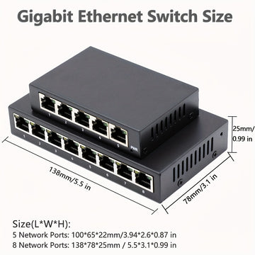 Conmutador de Red Gigabit 10/100/1000Mbps, 8 Puertos/5 Puertos, Carcasa Metálica, Alimentación USB para Escritorio, Adaptador Ethernet RJ45 Plug-and-Play con Cambio Automático MDI/MDIX Rápido, Ideal para Hogar/Dormitorio y Oficina - Múltiples Opciones de