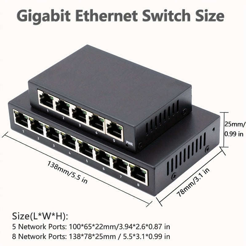 Conmutador de Red Gigabit 10/100/1000Mbps, 8 Puertos/5 Puertos, Carcasa Metálica, Alimentación USB para Escritorio, Adaptador Ethernet RJ45 Plug-and-Play con Cambio Automático MDI/MDIX Rápido, Ideal para Hogar/Dormitorio y Oficina - Múltiples Opciones de