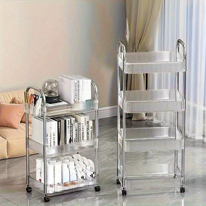 Carro de Almacenamiento Acrílico Multifuncional con Ruedas Giratorias de 360° - Apto para Todas las Estaciones, Capacidad para 10 Artículos, Organizador Transparente para Oficina, Dormitorio, Baño y Cocina | Multiusos, Estante de Pie, con Tubos Metálicos