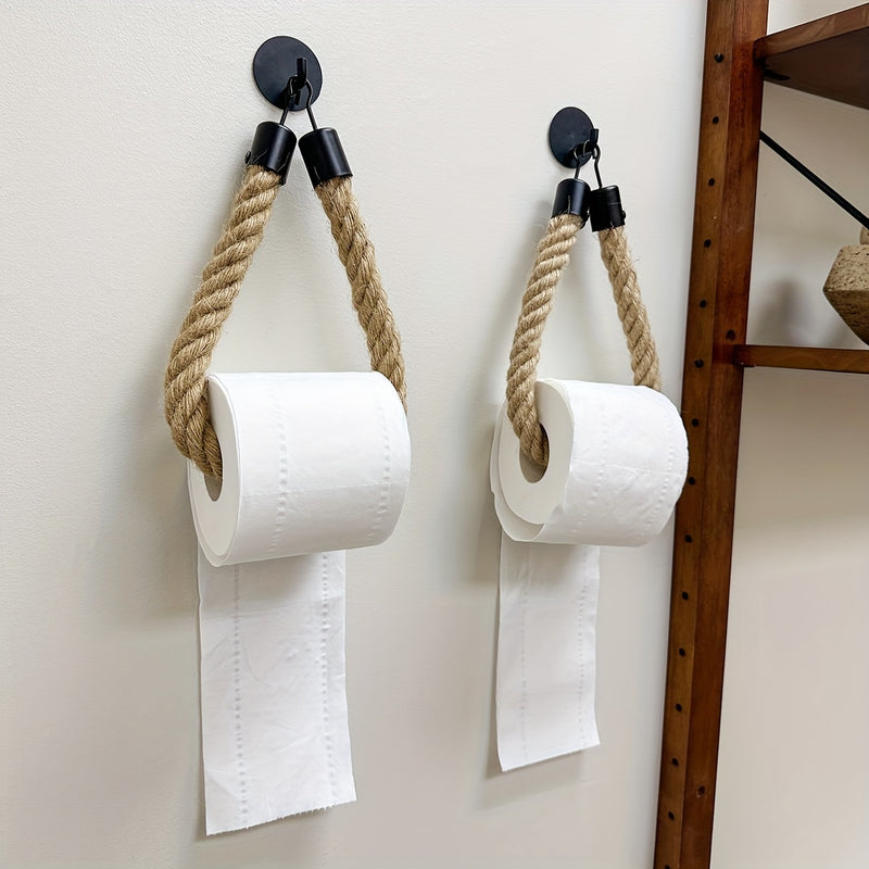 1 unidad de portarrollos de papel higiénico autoadhesivo de cuerda de cáñamo para pared, organizador de toallas para uso en el hogar