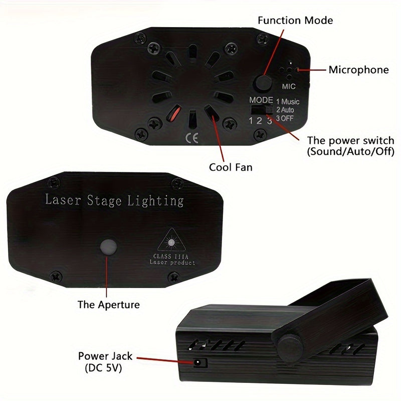 Mini proyector de discoteca con control de sonido, luz estroboscópica automática, láser y cable de alimentación USB de 99.97 cm, ideal para fiestas de cumpleaños, bodas, bares, KTV, discotecas, fiestas en casa, Halloween y Navidad (sin control remoto) (A