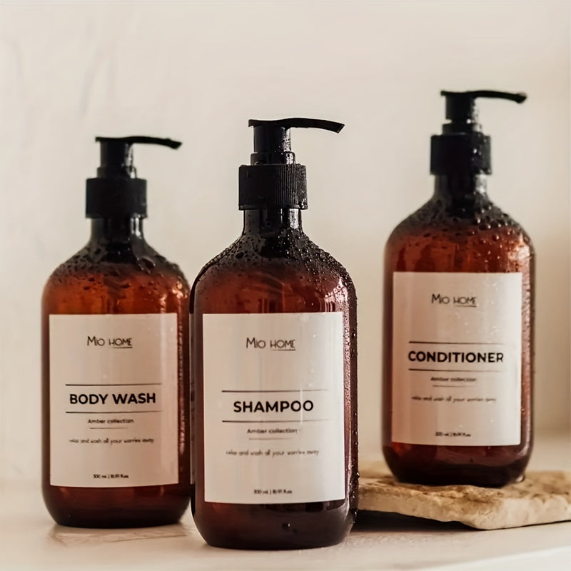 Dispensador de shampoo y acondicionador con bomba de plástico negro, 3 piezas de dispensadores para shampoo, acondicionador y jabón corporal, 500 ml/16 oz, con etiquetas, botellas rellenables