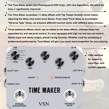 Pedal de retardo VSN Pedal de retardo de guitarra Time Maker 11 tipos de pedales de retardo definitivos Pedal de efecto de bajo con Tap Tempo True Bypass