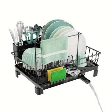 Escurridor de platos compacto de metal con porta utensilios y desagüe, ahorrador de espacio para cocina o fregadero, ideal para autocaravanas y apartamentos pequeños