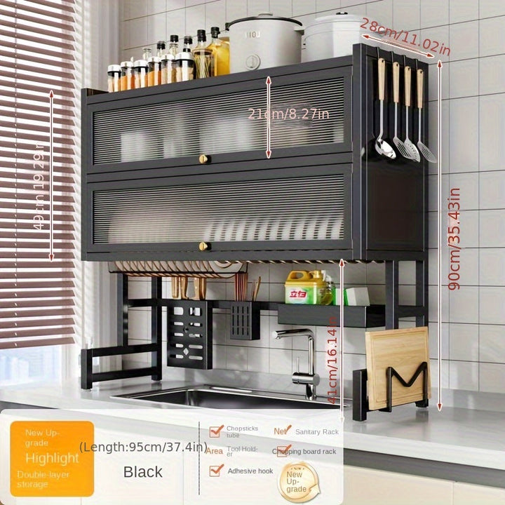 Organizador multifuncional para fregadero de cocina - Estructura de acero al carbono/metal con altura ajustable (21.21 cm-30.0 cm), ahorrador de espacio con ganchos, canastas y soporte para tabla de cortar, ideal para mesón, gabinete, utensilios y platos