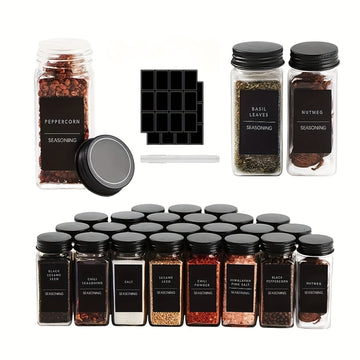 Paquete de 12/24 Tarros de Plástico para Especias, 5.6oz (Aproximadamente 160g) Contenedores Cuadrados con Saleros y Pimenteros Reutilizables, Tapas Herméticas, Etiquetas y Bolígrafos - Adecuado para Especias, Hierbas, Polvos y Purpurina