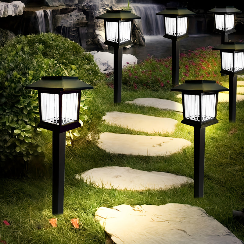 Conjunto de 4 Luces Solares para Caminos Exteriores, Diseño Cuadrado Retro con Brillo Amarillo Cálido, Lámparas Acrílicas Negras para Jardín, Patio, Paisaje y Iluminación Decorativa de Entrada, Luces Solares para Exterior