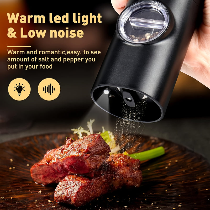 Juego de 2 Molinillos Eléctricos para Sal y Pimienta, Grano Ajustable con Luz LED, Base de Almacenamiento, Funciona con Batería, Arranque con Una Mano, Material ABS, Esencial en la Cocina, Regalo Perfecto