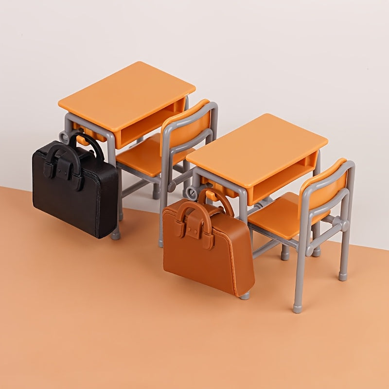 Conjunto de Aula Mini de 6 Piezas, Mesa y Sillas de Plástico con Mochila, Decoración de Casa de Juguete para la Escuela, Vajilla DIY, Exhibición en Casa, Colección Mini, Ocasión de Fiesta, No Requiere Electricidad