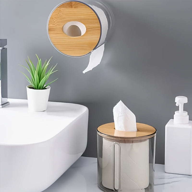 Caja de Pañuelos Transparente Redonda con Tapa de Bambú, Contenedor de Almacenamiento de Plástico para Baño y Sala de Estar, Creativo, para Escritorio, Papel Higiénico