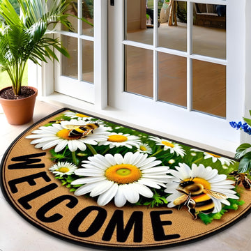 Tapete de bienvenida con diseño de abejas y margaritas - Antideslizante, resistente, semicircular para decoración de granja/patio/lavadero/cocina - Acento elegante para el hogar con diseño floral vibrante, múltiples tamaños disponibles, estilo granja | T