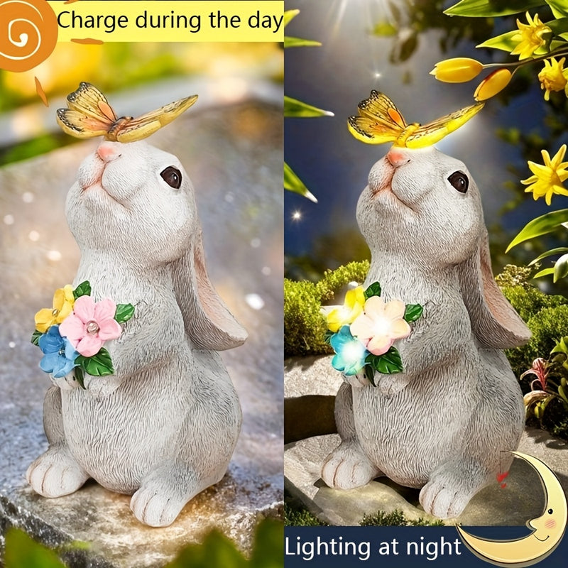 Conejo solar con luces de mariposa, estatua para exterior - Conejo de resina pintado a mano, luz nocturna automática, ideal para jardín, patio o terraza - Regalo perfecto para mamá o abuela, iluminación exterior|Arte de jardín caprichoso|Detalles realist