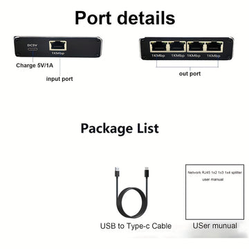 Divisor de red Gigabit Ethernet de 1 a 4, concentrador de red de 1000 Mbps con cable de alimentación USB, conector RJ45, acabado mate, compatible universalmente con cables Ethernet Cat5/5e/6/7/8, hub de distribución de red para múltiples dispositivos sin