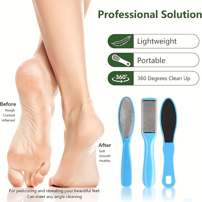 3 piezas Juego de pedicura azul - Lima de pies de acero inoxidable de doble cara, removedor de callos manual, exfoliante de piel muerta, herramientas de cuidado de pies de plástico para uso doméstico o en salón, sin perfume, no necesita electricidad, reg
