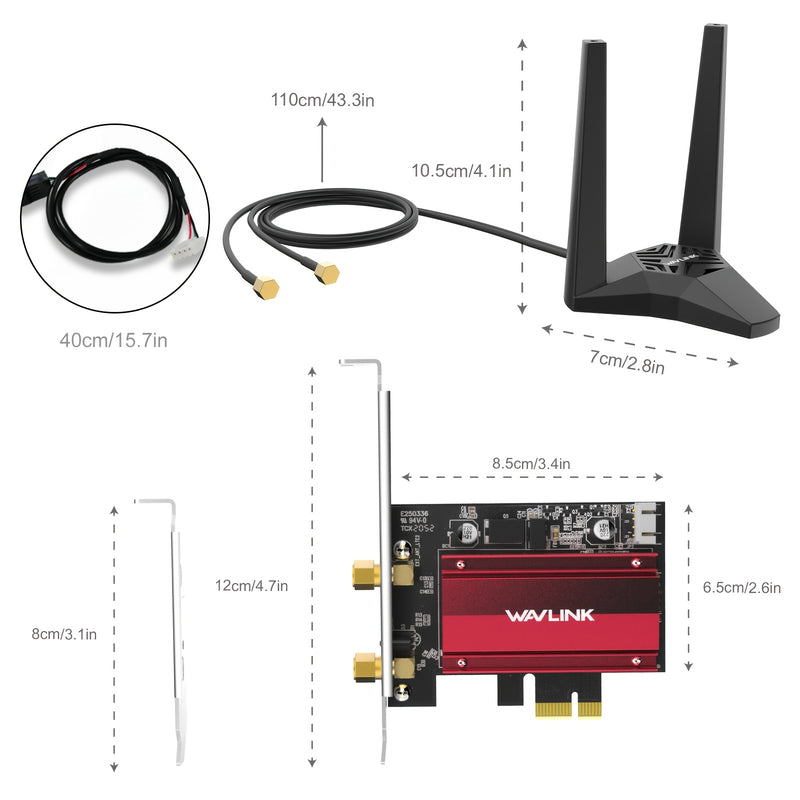 Adaptador WAVLINK AX5400 WiFi 6E PCIe con Tarjeta Inalámbrica Tri-Banda AX210, MU-MIMO, WPA3, OFDMA, Soporte de Bajo Perfil y Disipador de Calor para Windows 10/11, Linux - Alta Velocidad 2.4GHz/5GHz/6GHz, Antena Dual, 1024QAM, Compatible con Ranuras X1/