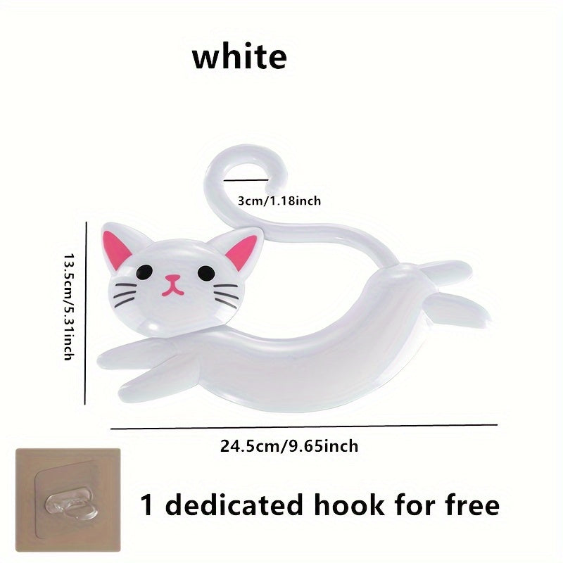 Soporte de toalla de gato de dibujos animados lindo, sin taladro para baño, barra colgante, gancho de almacenamiento de toalla, gancho decorativo de plástico