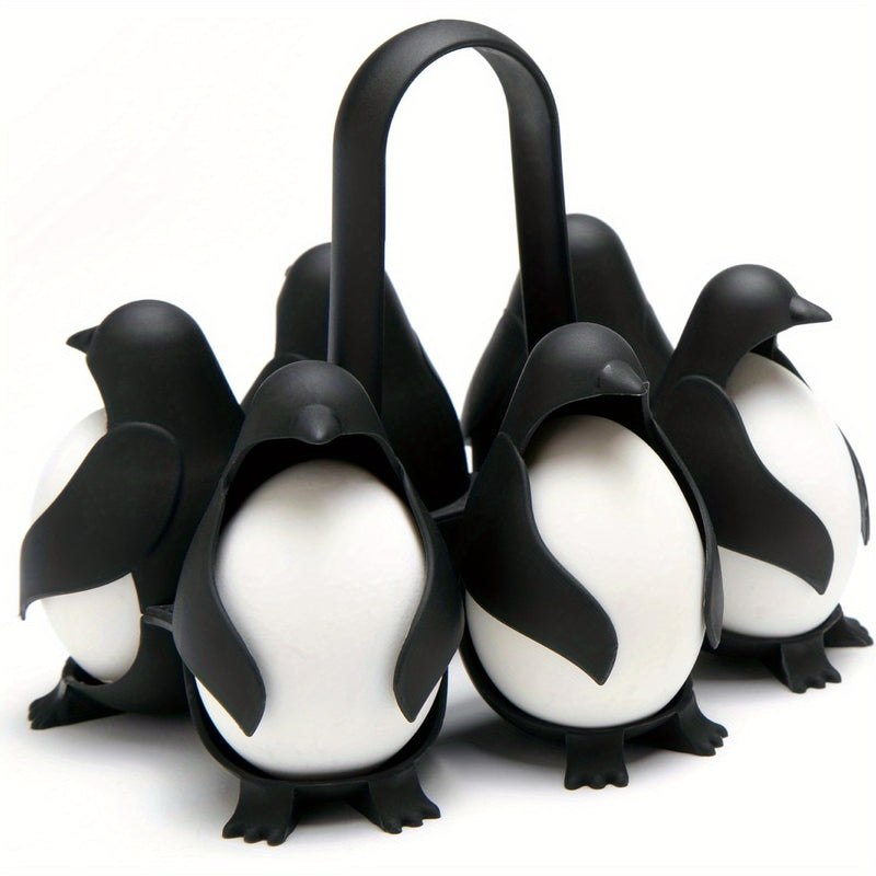 Soporte de huevo en forma de pingüino que cocina, almacena y sirve huevos, diseñado para hacer huevos duros o blandos, que puede acomodar 6 huevos para una cocción y refrigeración convenientes.