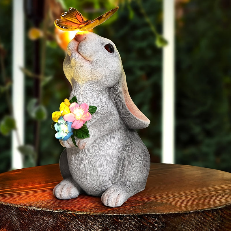 Conejo solar con luces de mariposa, estatua para exterior - Conejo de resina pintado a mano, luz nocturna automática, ideal para jardín, patio o terraza - Regalo perfecto para mamá o abuela, iluminación exterior|Arte de jardín caprichoso|Detalles realist