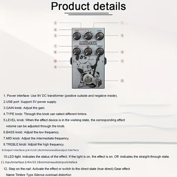 Pedal de Efectos M-VAVE MINI-EFX 9 en 1 con True Bypass, Control Remoto y Alimentación USB - 9 Opciones de Sonido, Pedal Digital Compacto para Guitarras Eléctricas, Bajo, Estilos Musicales Variados, Diseño Artístico Único, Construcción Metálica Duradera