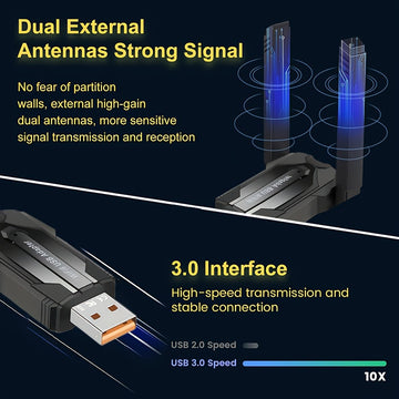 Adaptador USB WiFi 6 para PC de Escritorio, AX900 Mbps Cobertura Extensa Doble Banda 5G/2.4G USB 3.0 Transmisor sin varillas WiFi 6 Compatible con Windows 11/10/8/7