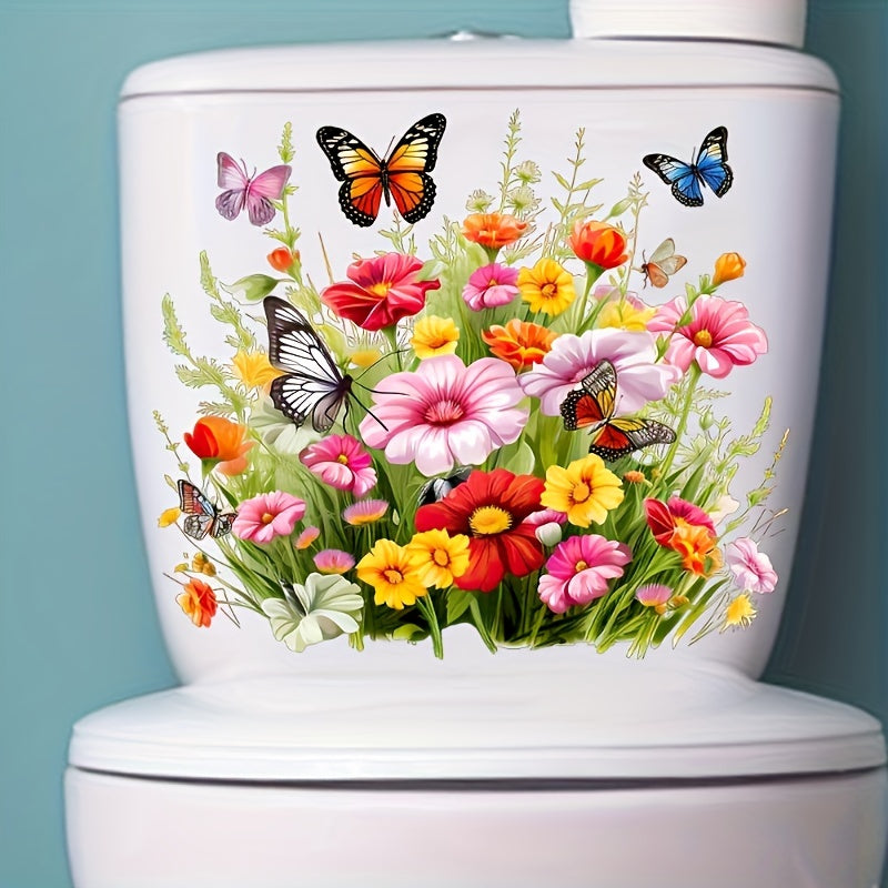 Calcomanía para Tapa de Inodoro de Flores y Mariposas - Pegatina de PVC Mate Reutilizable para Superficies de Baño de Cerámica, Forma Irregular, Arte de Pared Multiusos para Decoración del Hogar
