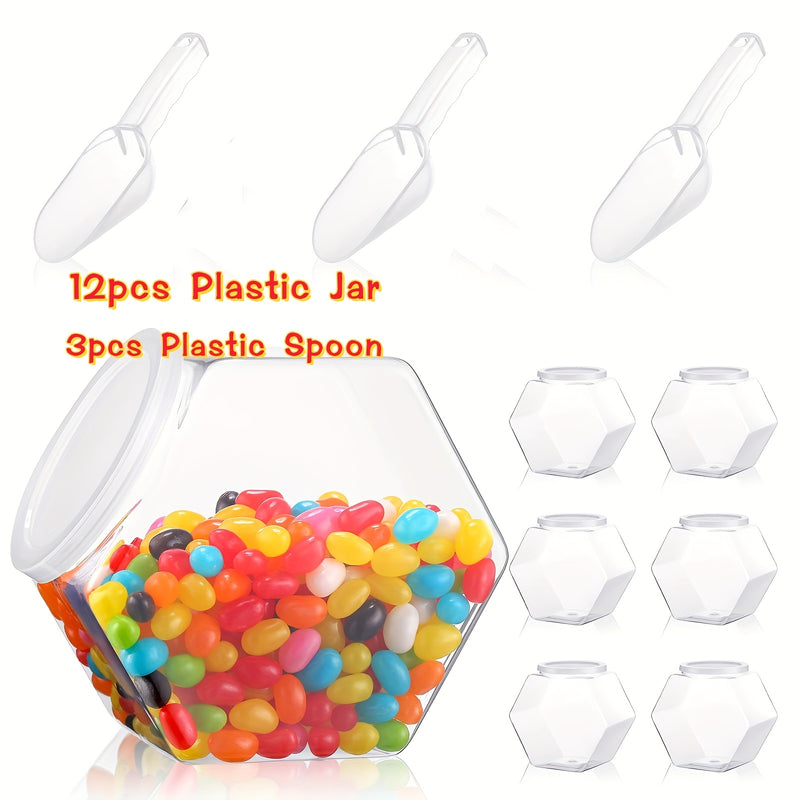 Juego de 12/15 piezas de tarros para dulces de plástico con cucharas, incluye 12 tarros hexagonales para galletas con tapa y 3 cucharas para dulces, tarro grande transparente de 850ml para almacenamiento de alimentos, tarro para encimera de cocina