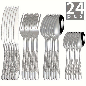 Juego de cubiertos de acero inoxidable con diseño de estrella, 24 piezas - Incluye cuchillo para carne, tenedor, cuchara y cuchara de postre - Ideal para hoteles y restaurantes