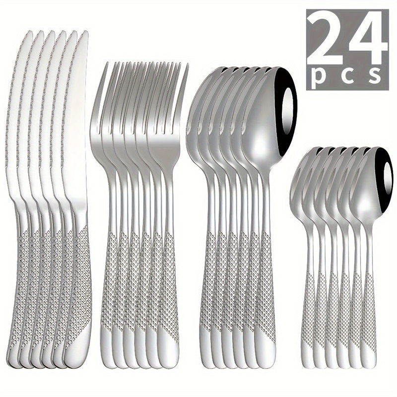 Juego de cubiertos de acero inoxidable con diseño de estrella, 24 piezas - Incluye cuchillo para carne, tenedor, cuchara y cuchara de postre - Ideal para hoteles y restaurantes